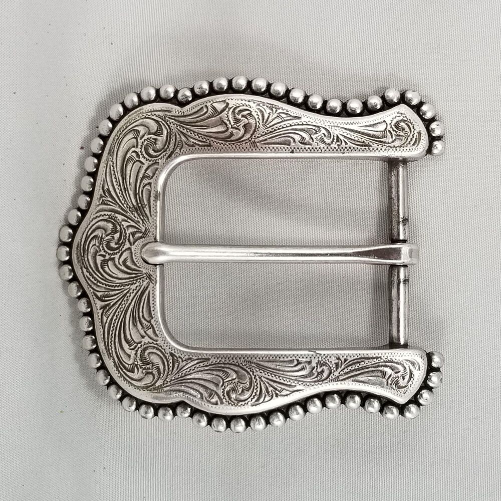 Vintage Western Silver Belt Buckle, Engraved Scrollwork Beaded Edge Frame.Taiwan